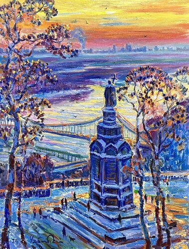 "Sunrise over the Dnieper river" Kyiv. Ukraine. van Andrey Chebotaru, Schilderij te koop op Singulart