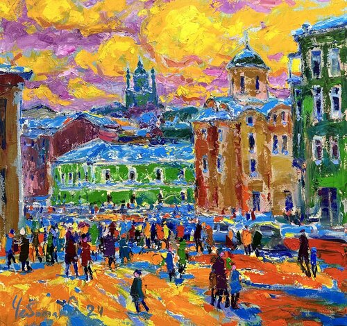"Winter Evening. Podil" Kyiv, Ukraine. van Andrey Chebotaru, Schilderij te koop op Singulart