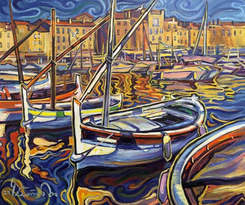 Summer evening in Saint-Tropez van Andrey Chebotaru, Schilderij te koop op Singulart