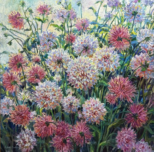 Garden of mother’s love. Dahlia. Flower painting. de Andrey Chebotaru, Pintura a la venta en Singulart