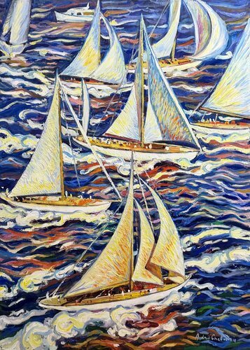 Sails of freedom in Saint-Tropez de Andrey Chebotaru, Pintura a la venta en Singulart