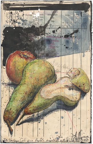 Die Verlegenheit eines Apfels angesichts zweier Birnen van Andreas Noßmann, Tekening te koop op Singulart
