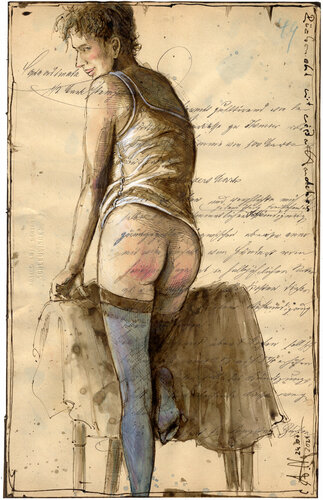 Rückenakt mit weißem Hemdchen di Andreas Noßmann, Disegno in vendita su Singulart