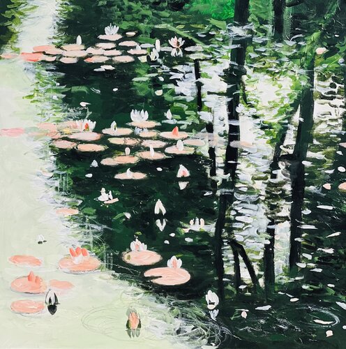 Pink Lilies on the Green van Shabs Beigh, Schilderij te koop op Singulart