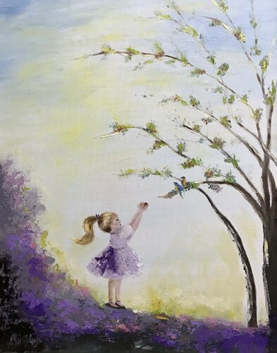 Girl Reaching for the Birds von Miroslava Lipovec Friedman, Malerei kaufen auf Singulart
