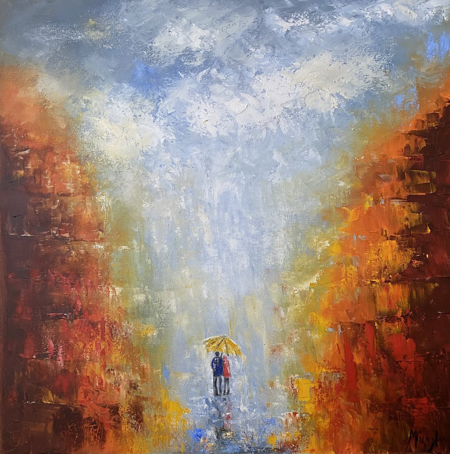 Walking in the Rain II Miroslava Lipovec Friedman Originalgemälde zu verkaufen