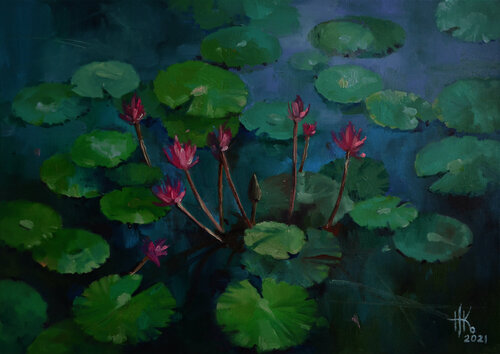 Lily pond. Equilibrium di Zhanna Kondratenko, Pittura in vendita su Singulart