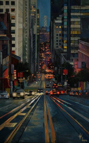View of the Oakland Bay Bridge di Zhanna Kondratenko, Pittura in vendita su Singulart