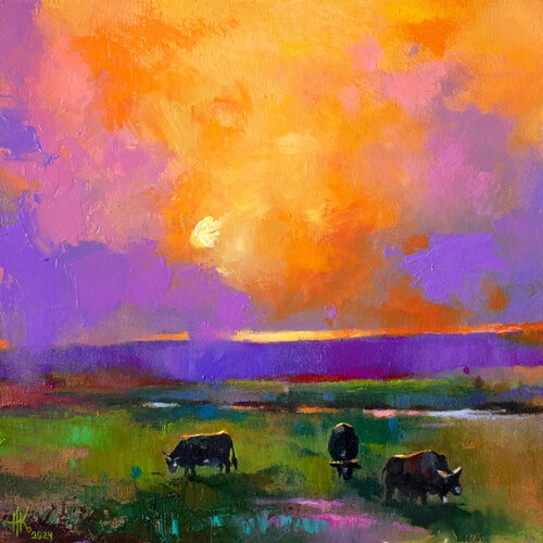 Silent Sentinels of the Sunset van Zhanna Kondratenko, Schilderij te koop op Singulart