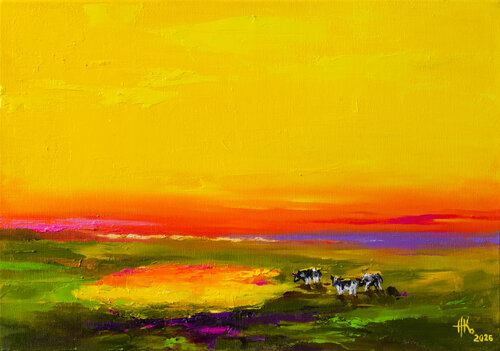Chromatic Sunset — Golden Field Glow by Zhanna Kondratenko, Painting for Sale on Singulart
