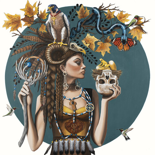 LA CHAMANE DEZBA ET LA TERRIBLE GRENOUILLE JAUNE di Nathalie Roure, Pittura in vendita su Singulart