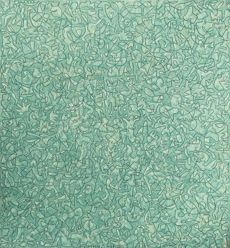 Blindfolded in a turquoise world di Denny Baggen, Pittura in vendita su Singulart