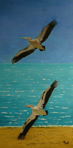 Couple de pélicans à lunettes en vol by Michel Thévenot, Painting for Sale on Singulart