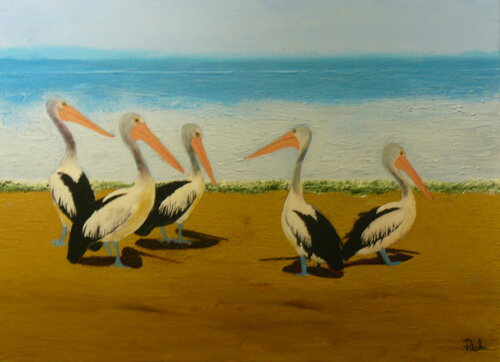 Groupe de pélicans à lunettes by Michel Thévenot, Painting for Sale on Singulart