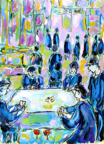 Belote au café by Jean Mirre, Painting for Sale on Singulart