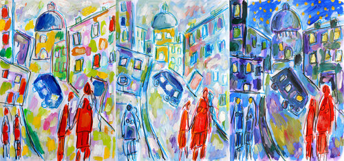 Triptyque Night street van Jean Mirre, Schilderij te koop op Singulart