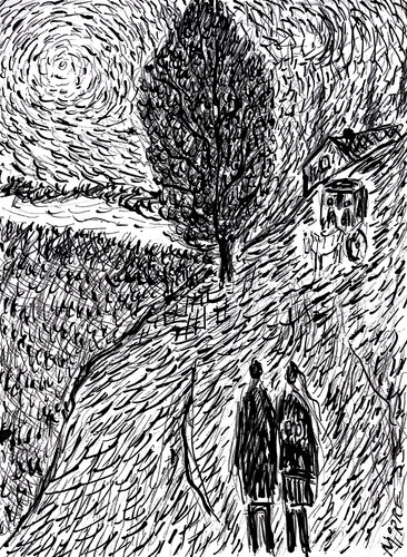 Couple et calèche d'après Van Gogh de Jean Mirre, Dibujo a la venta en Singulart