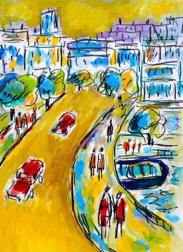 Péniche sous un pont par Jean Mirre, Œuvre sur papier en vente sur Singulart