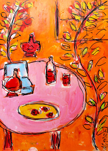 Pink table orange room von Jean Mirre, Malerei kaufen auf Singulart