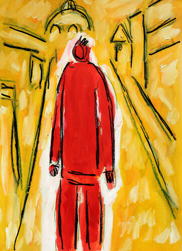 Homme rouge fond jaune par Jean Mirre, Peinture en vente sur Singulart