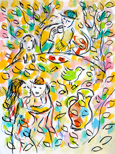 exThé et moineau par Jean Mirre, Peinture en vente sur Singulart