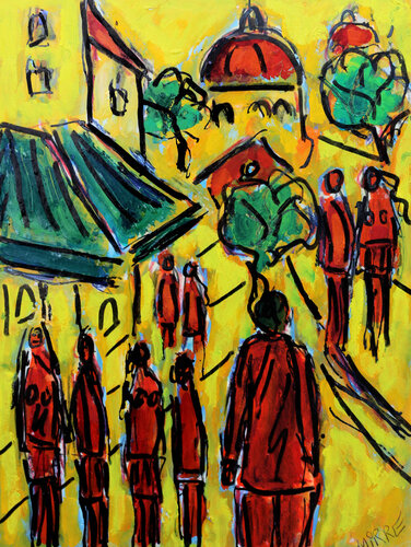 Les passants rouges by Jean Mirre, Painting for Sale on Singulart