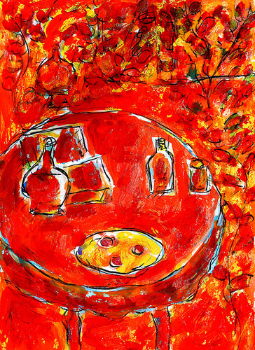 Table à la nappe rouge par Jean Mirre, Peinture en vente sur Singulart