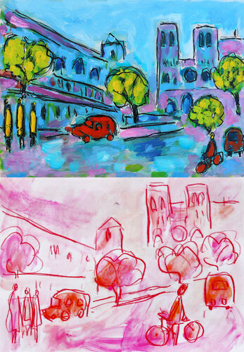 Paris à vélo rose  2 fois di Jean Mirre, Pittura in vendita su Singulart