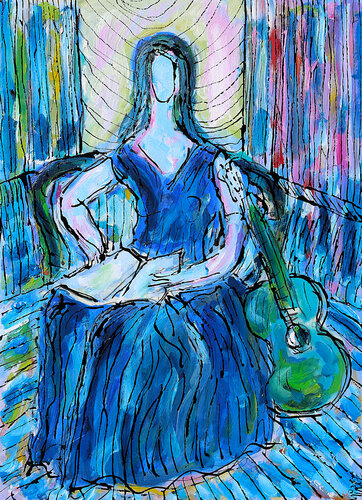 Femme à la guitare verte (d'après Matisse) von Jean Mirre, Malerei kaufen auf Singulart