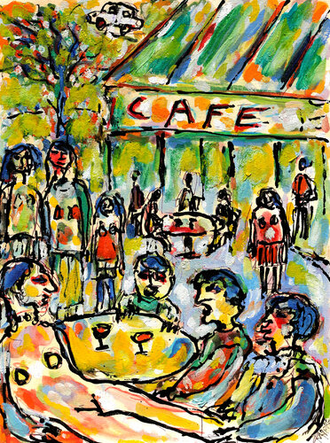 Café du Bois à l'auto qui vole by Jean Mirre, Painting for Sale on Singulart