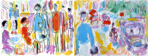 Street scene at lunch break di Jean Mirre, Pittura in vendita su Singulart