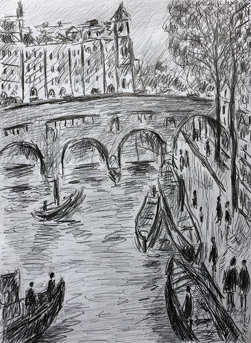 Seine et péniches par Jean Mirre, Peinture en vente sur Singulart