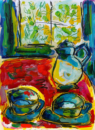 Tasses et cafetière SOLD van Jean Mirre, Schilderij te koop op Singulart