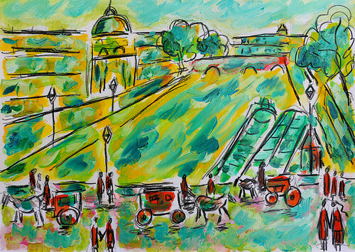 Seine, péniches et calèches di Jean Mirre, Pittura in vendita su Singulart