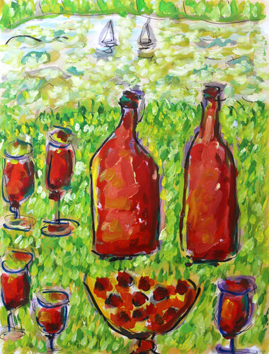 Voiliers bouteilles et cerises by Jean Mirre, Painting for Sale on Singulart