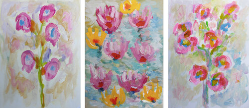 Triptyque fleurs roses Jean Mirre
