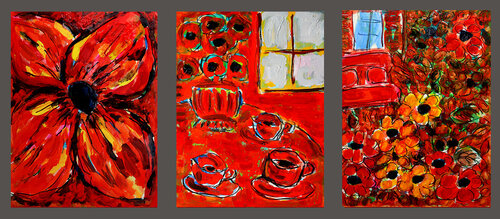 Triptyque Living room flowers von Jean Mirre, Malerei kaufen auf Singulart