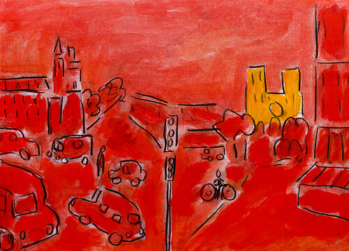 Place St Michel rouge di Jean Mirre, Pittura in vendita su Singulart