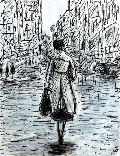 Lady in rain by Jean Mirre, Painting for Sale on Singulart