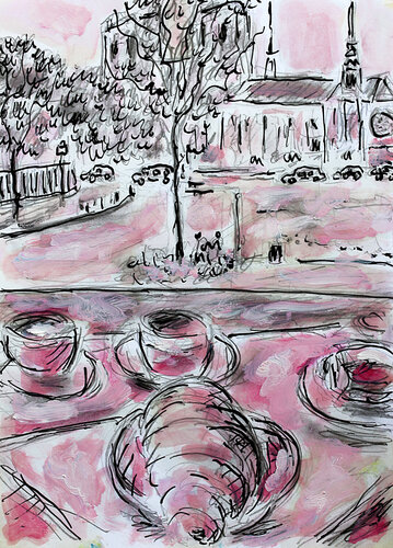 exCafé, croissants et Notre-Dame par Jean Mirre, Peinture en vente sur Singulart