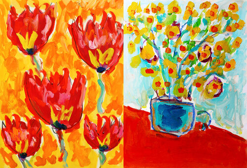 Tulips Symphony + Bouquet rikiki van Jean Mirre, Schilderij te koop op Singulart