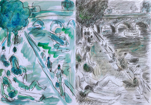 Baigneurs et Seine di Jean Mirre, Pittura in vendita su Singulart