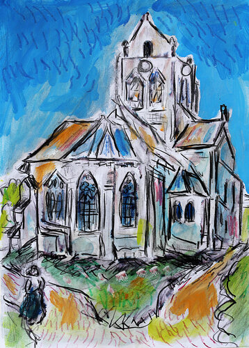 exL'église d'Auvers sur Oise d'après Van Gogh van Jean Mirre, Schilderij te koop op Singulart