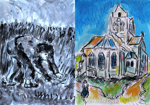 Le moissonneur + L'église d'Auvers sur Oise d'après Van Gogh van Jean Mirre, Schilderij te koop op Singulart