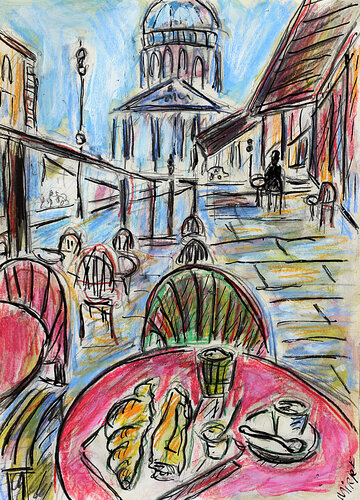 Café croissants Paris par Jean Mirre, Peinture en vente sur Singulart
