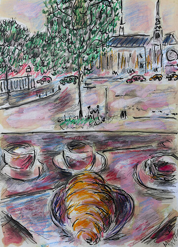 Café, croissants et Notre-Dame von Jean Mirre, Malerei kaufen auf Singulart