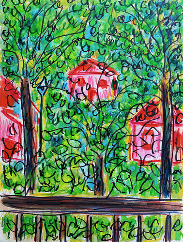 Camping verdoyant by Jean Mirre, Painting for Sale on Singulart