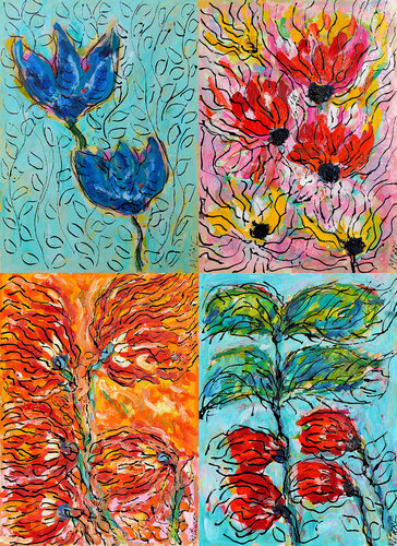 Tulipes bleues + Elan de vie + La force des fleurs + Abris van Jean Mirre, Schilderij te koop op Singulart