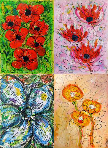 Amapolas + Breath boost + Syracuse + Solidaires oil on paper van Jean Mirre, Schilderij te koop op Singulart