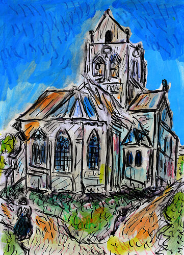 L'église d'Auvers sur Oise d'après Van Gogh by Jean Mirre, Painting for Sale on Singulart